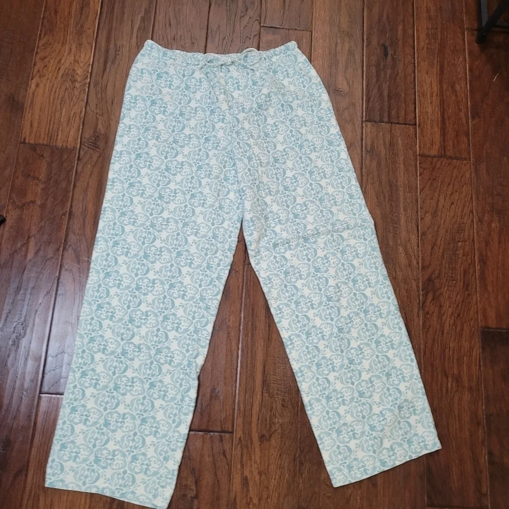 Garnet Hill Organic Cotton Flannel Greenish Blue & Creamy White Pajamas size XS
